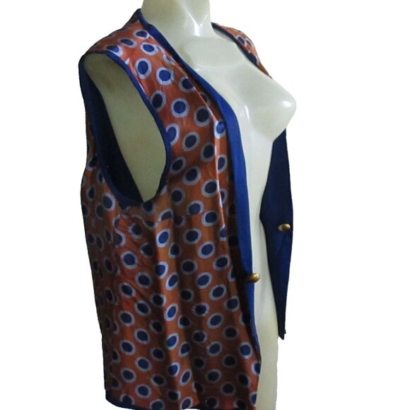 Vintage 1970s Womens Hippy Vest Medium Dotted Blue Brass Buttons Groovy Mom - Picture 2 of 5
